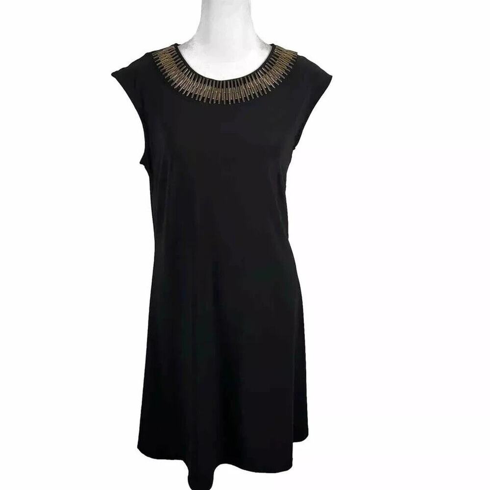Dressbarn Black Short Sleeve Dress Midi Metal Beaded Size Medium Business Party